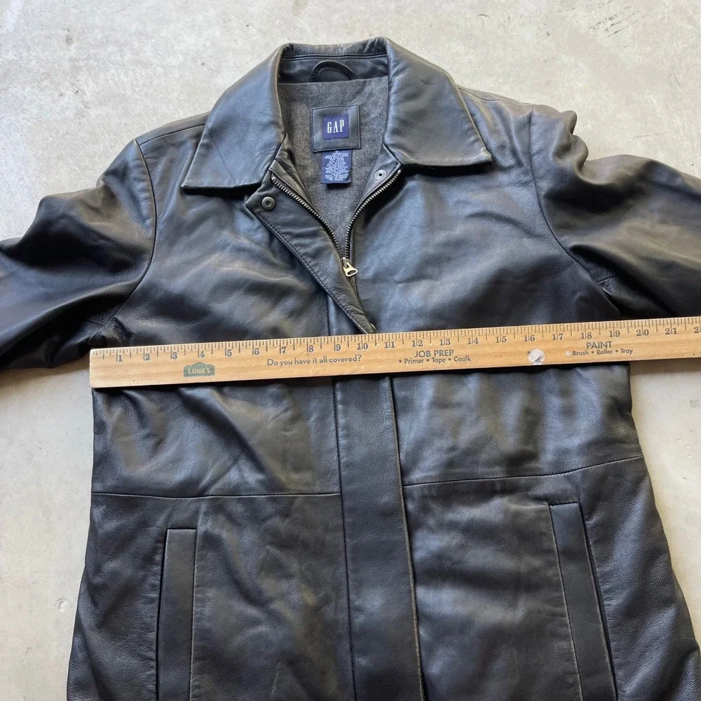 Gap Mens Genuine Leather Car Coat Jacket Black Zip Up Wool Blend Lining Medium